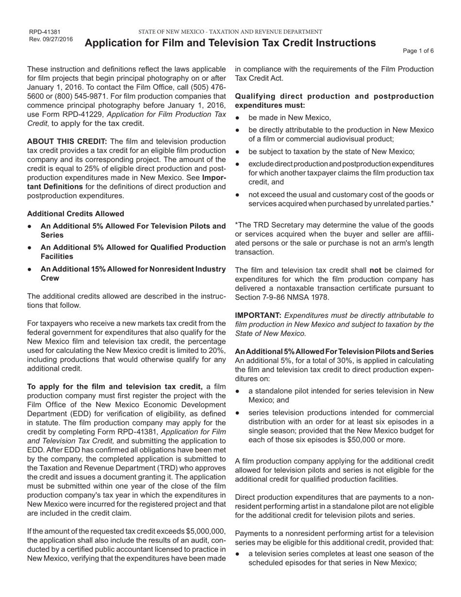 Form RPD-41381 Application for Film and Television Tax Credit (Productions Prior to July 1, 2019) - New Mexico, Page 2