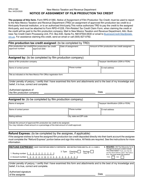 Form RPD-41380 Notice of Assignment of Film Production Tax Credit - New Mexico