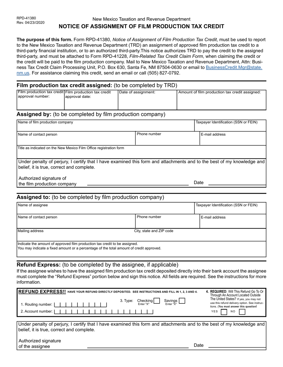 Form RPD-41380 Notice of Assignment of Film Production Tax Credit - New Mexico, Page 1