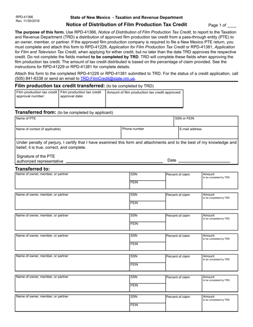 Form RPD-41366 Notice of Distribution of Film Production Tax Credit - New Mexico