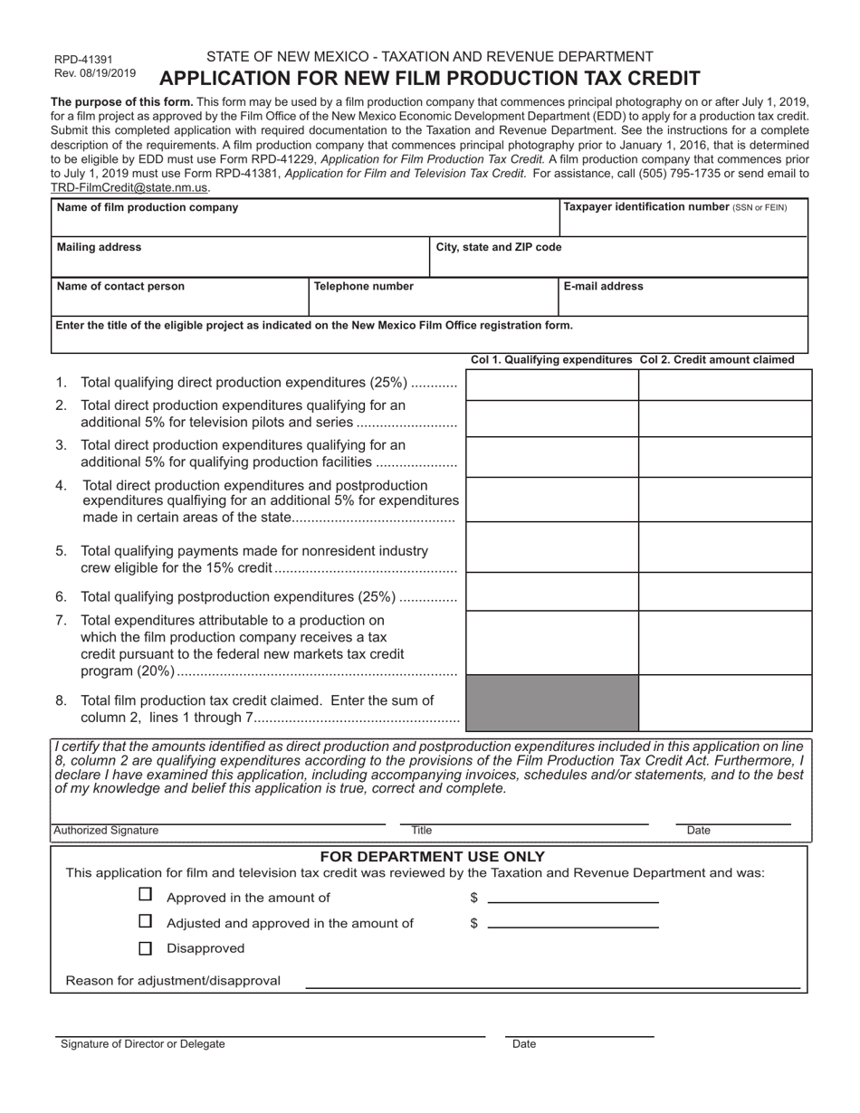 Form RPD-41391 Application for New Film Production Tax Credit - New Mexico, Page 1
