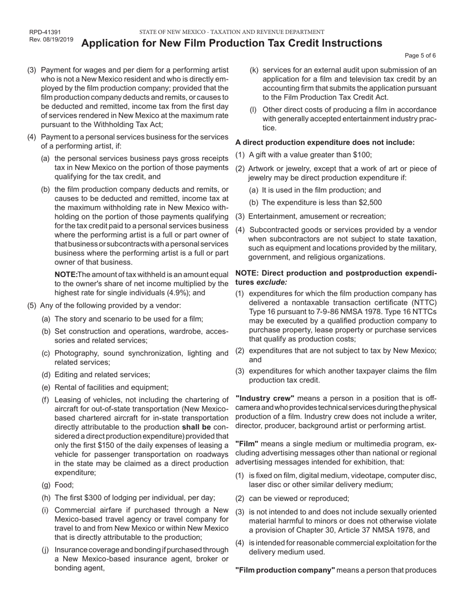 Form RPD-41391 Application for New Film Production Tax Credit - New Mexico, Page 6