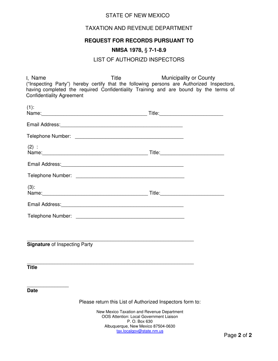Request for Records Pursuant to Nmsa 1978, 7 1-8.9 - New Mexico, Page 2