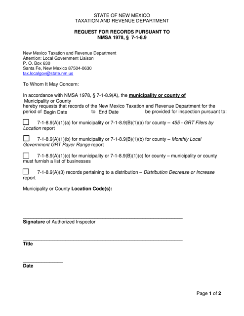 Request for Records Pursuant to Nmsa 1978, 7 1-8.9 - New Mexico Download Pdf