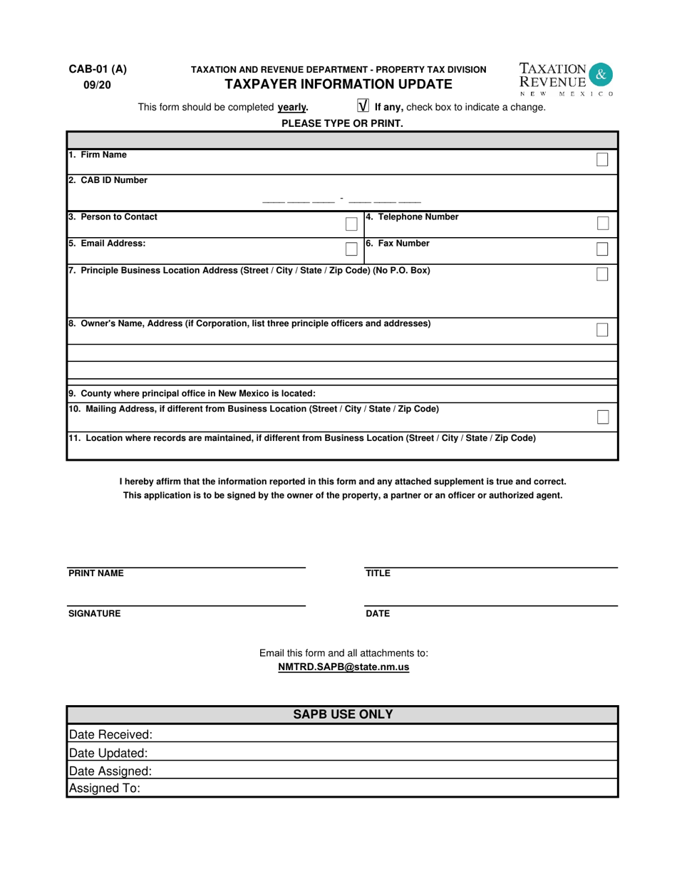 Form CAB-01 (A) Taxpayer Information Update - New Mexico, Page 1