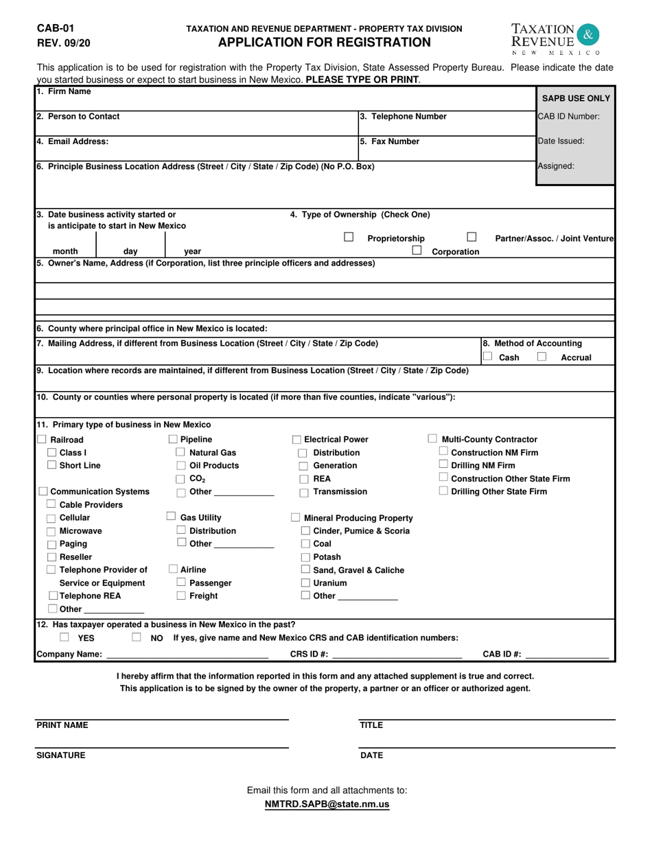 Form CAB-01 Application for Registration - New Mexico, Page 1