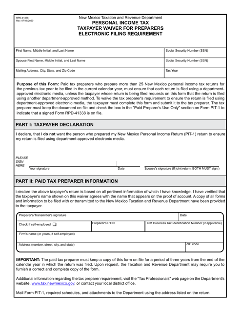 Form RPD-41338 Taxpayer Waiver for Preparers Electronic Filing Requirement - New Mexico