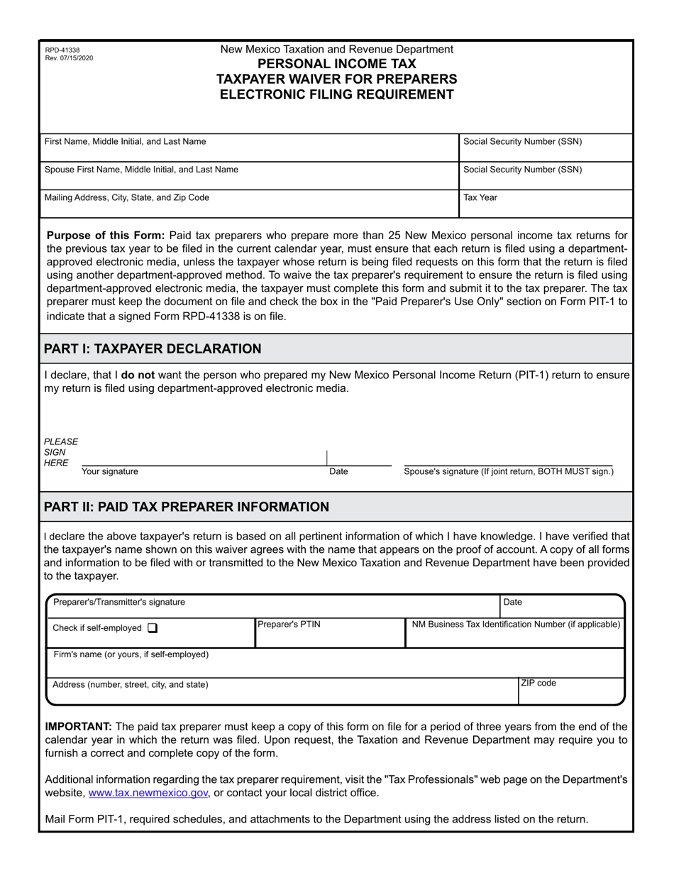 Form RPD-41338 Taxpayer Waiver for Preparers Electronic Filing Requirement - New Mexico, Page 1