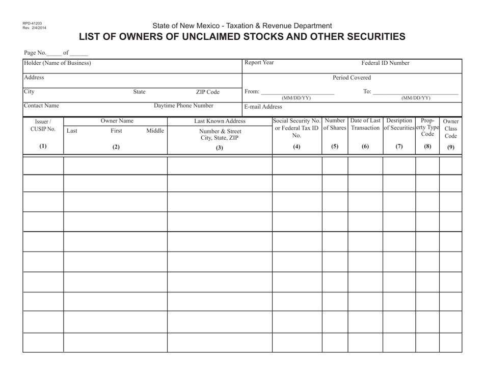 Form RPD-41203 List of Owners of Unclaimed Stock and Other Securities Form - New Mexico, Page 1