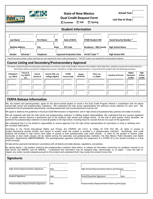 Dual Credit Request Form - New Mexico Download Pdf