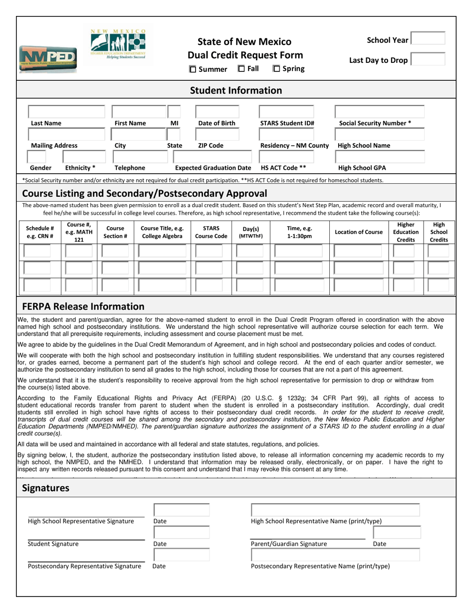 Dual Credit Request Form - New Mexico, Page 1
