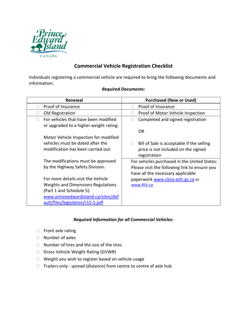 Commercial Vehicle Registration Checklist - Prince Edward Island, Canada Download Pdf
