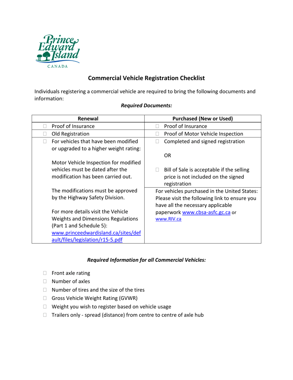 Commercial Vehicle Registration Checklist - Prince Edward Island, Canada, Page 1