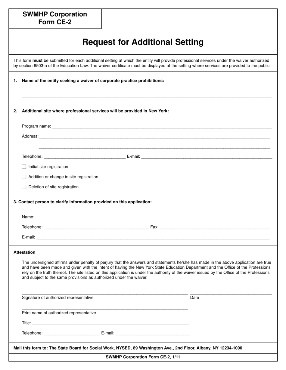 Form CE-2 Request for Additional Setting - New York, Page 1