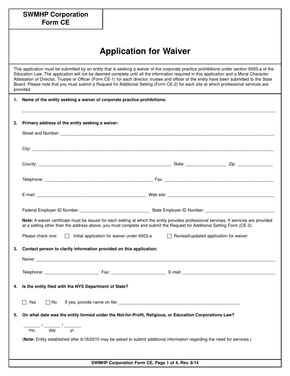 SWMHP Corporation Form CE Application for Waiver - New York, Page 1