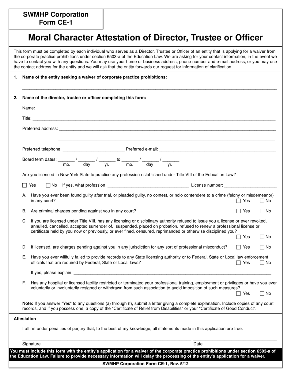 Form CE-1 Moral Character Attestation of Director, Trustee or Officer - New York, Page 1