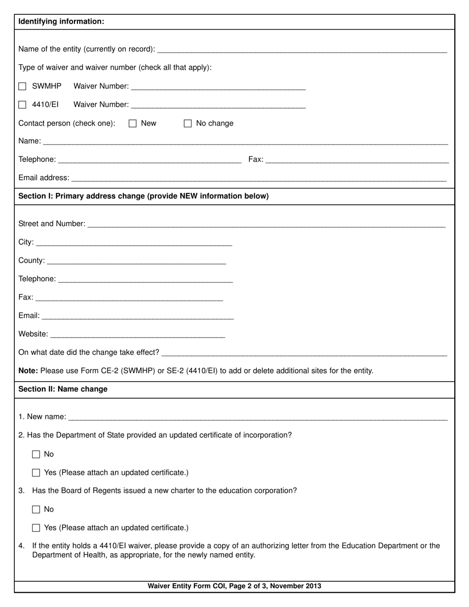 Waiver Entity Form COI Waiver Entity Change of Information Form - New York, Page 2