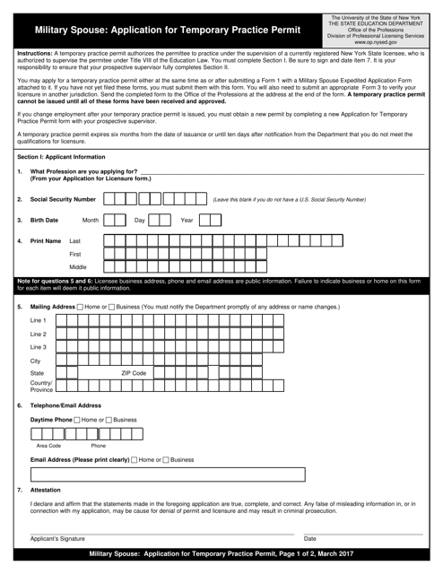 Military Spouse: Application for Temporary Practice Permit - New York Download Pdf