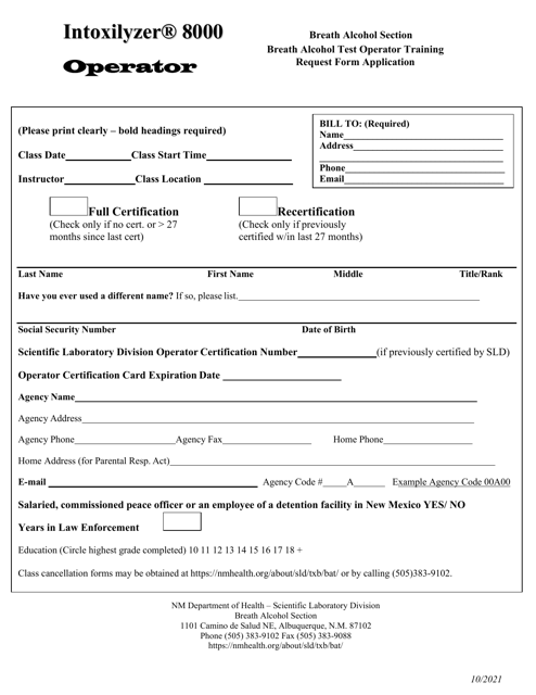 Breath Alcohol Test Operator Training Request Form - New Mexico Download Pdf
