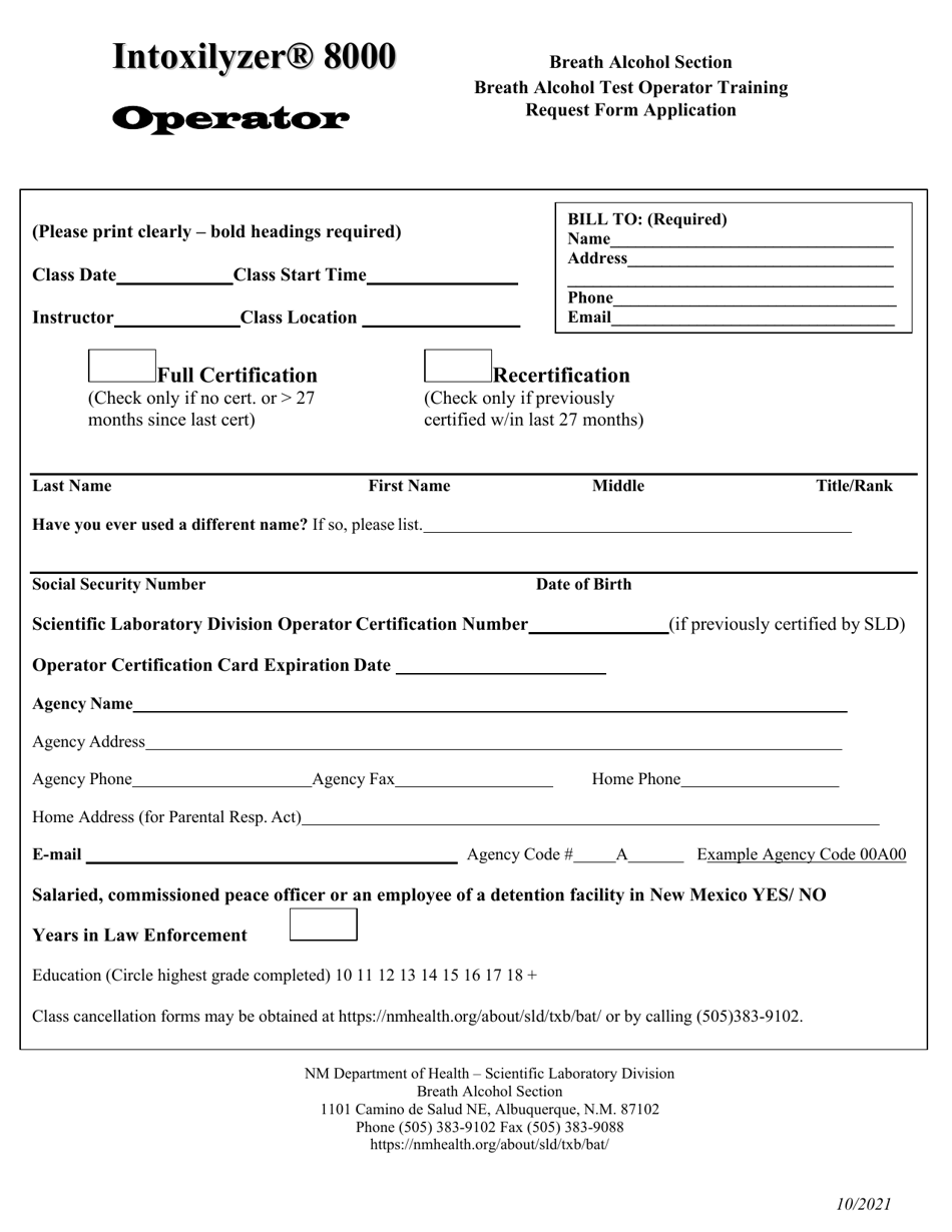 Breath Alcohol Test Operator Training Request Form - New Mexico, Page 1