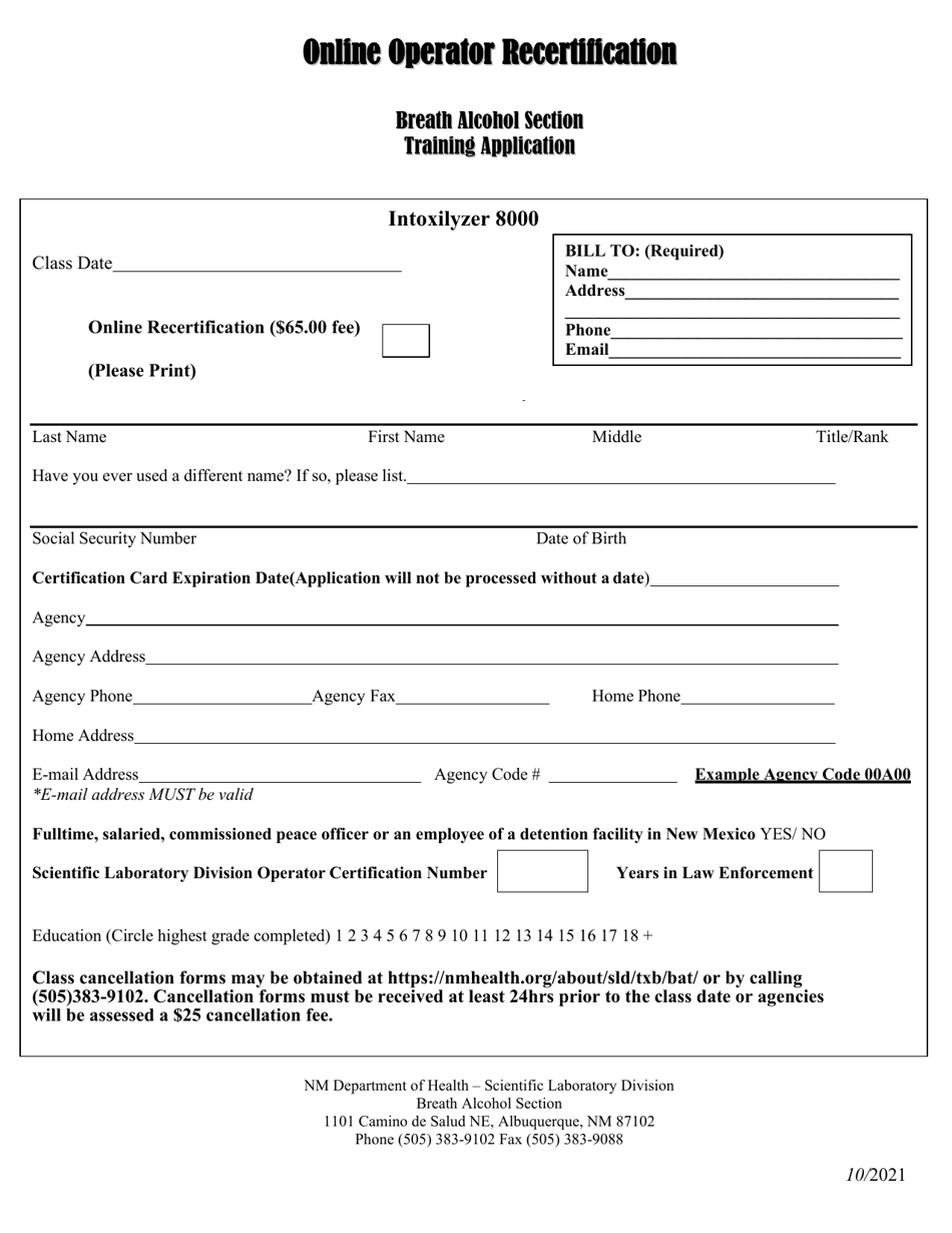 Breath Alcohol Test Operator Online Recertification Training Request Form - New Mexico, Page 1