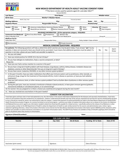 Adult Vaccine Consent Form - New Mexico Download Pdf