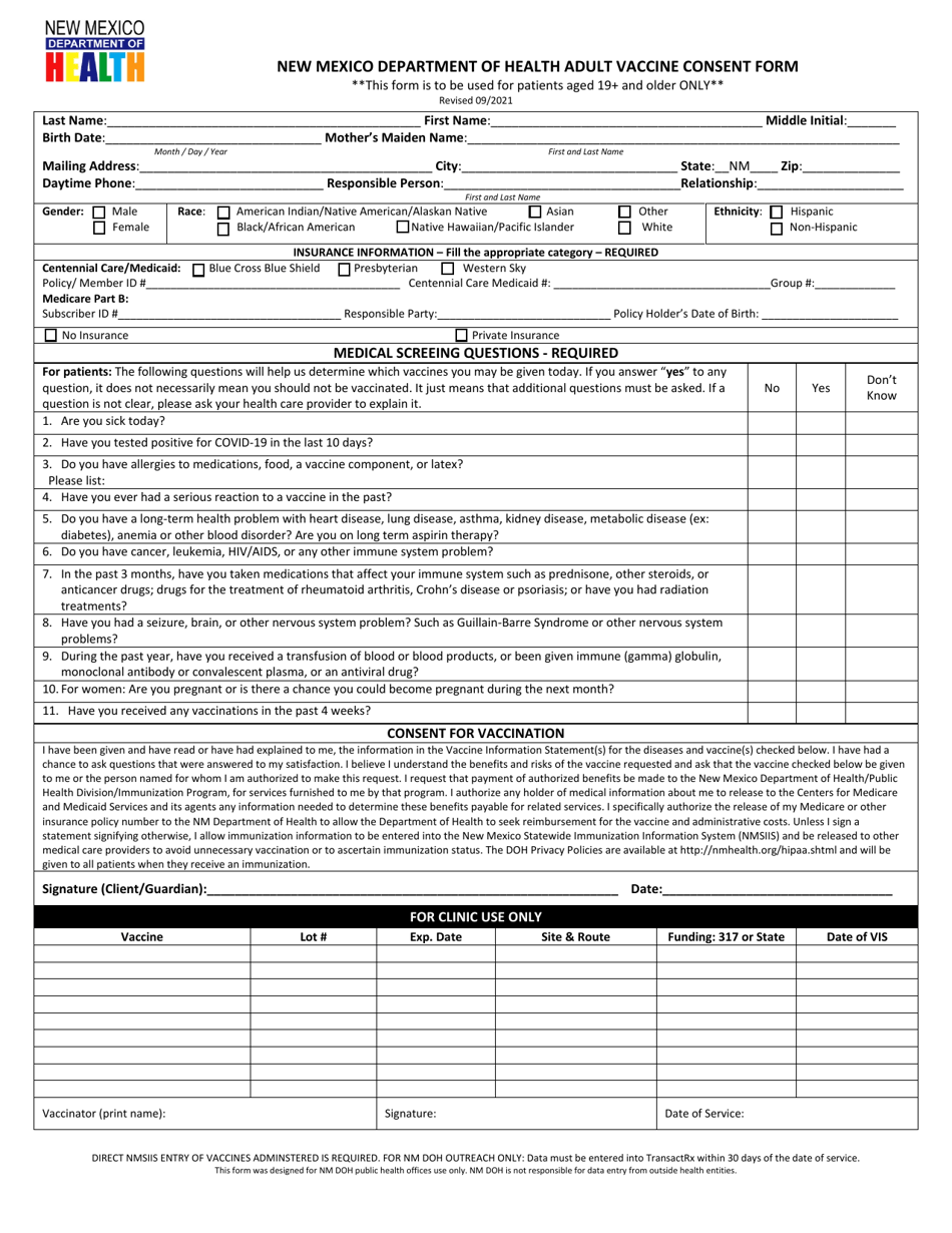 Adult Vaccine Consent Form - New Mexico, Page 1