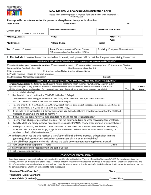 New Mexico Vfc Vaccine Administration Form - New Mexico Download Pdf