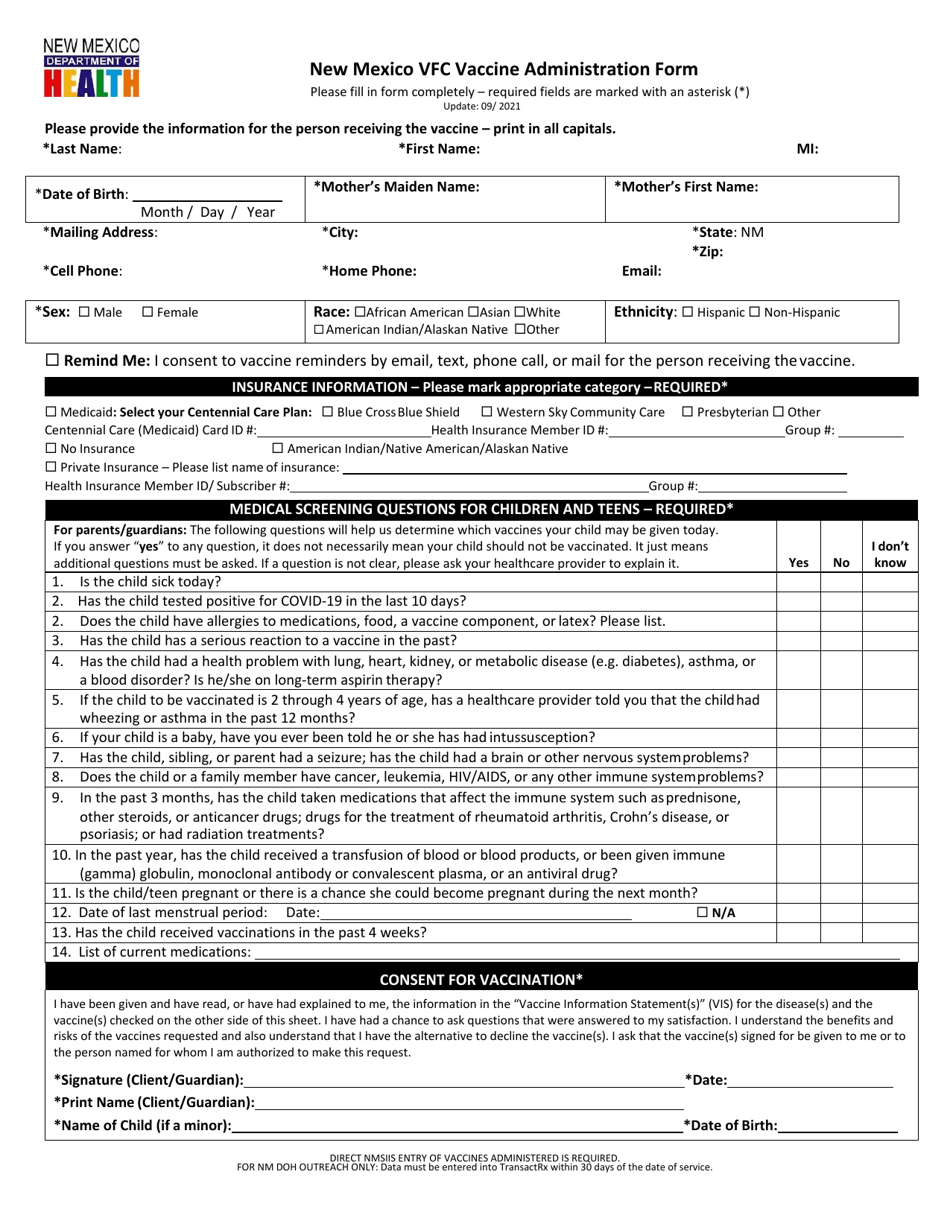 New Mexico Vfc Vaccine Administration Form - New Mexico, Page 1