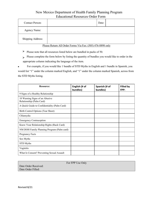 Educational Resources Order Form - New Mexico Department of Health Family Planning Program - New Mexico Download Pdf