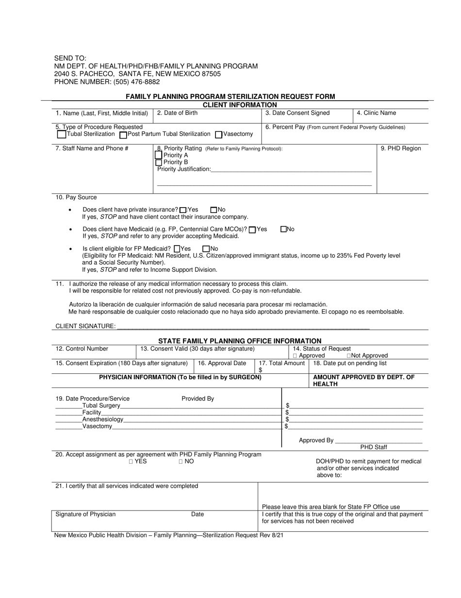 Sterilization Request Form - Family Planning Program - New Mexico, Page 1