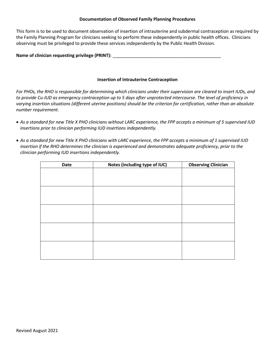 Documentation of Observed Family Planning Procedures - New Mexico, Page 1