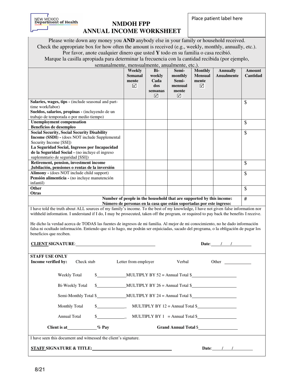 Fpp Annual Income Worksheet - New Mexico, Page 1