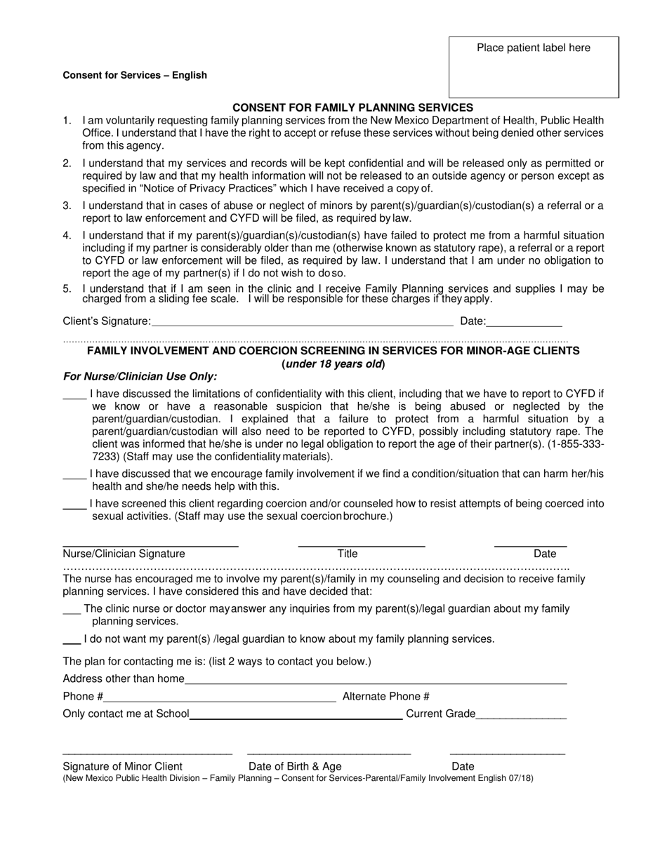 Consent for Family Planning Services - New Mexico (English / Spanish), Page 1