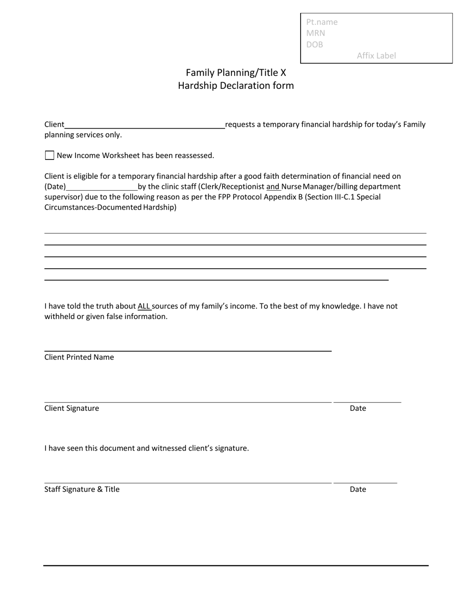 Family Planning / Title X Hardship Declaration Form - New Mexico (English / Spanish), Page 1