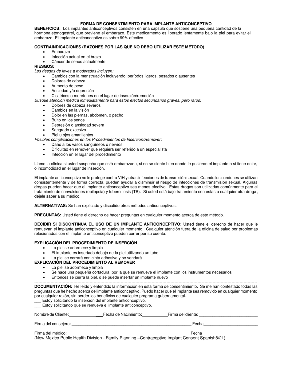 Contraceptive Implant Consent Form - New Mexico (English / Spanish), Page 2
