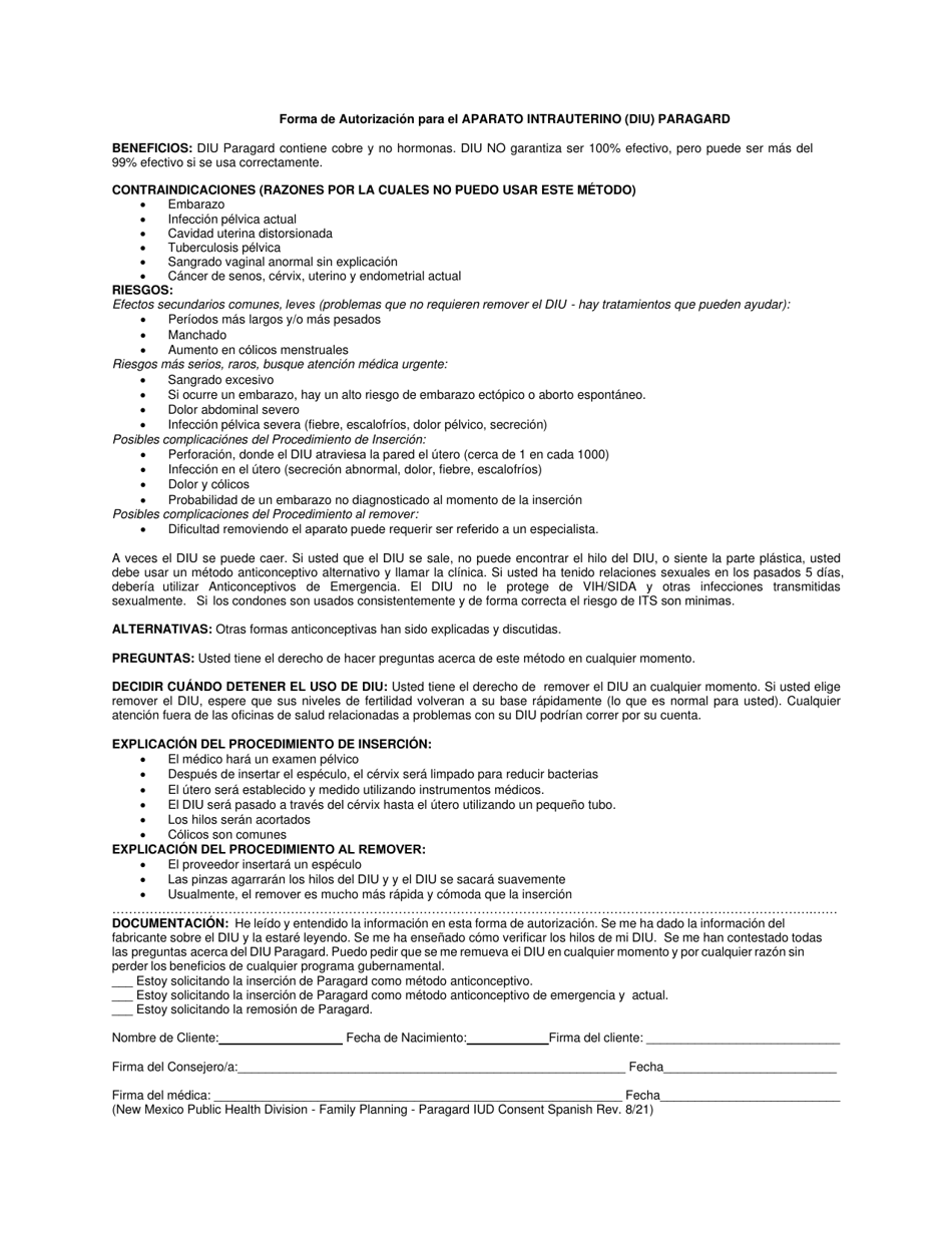 Paragard Intrauterine Device (Iud) Consent Form - New Mexico (English / Spanish), Page 2