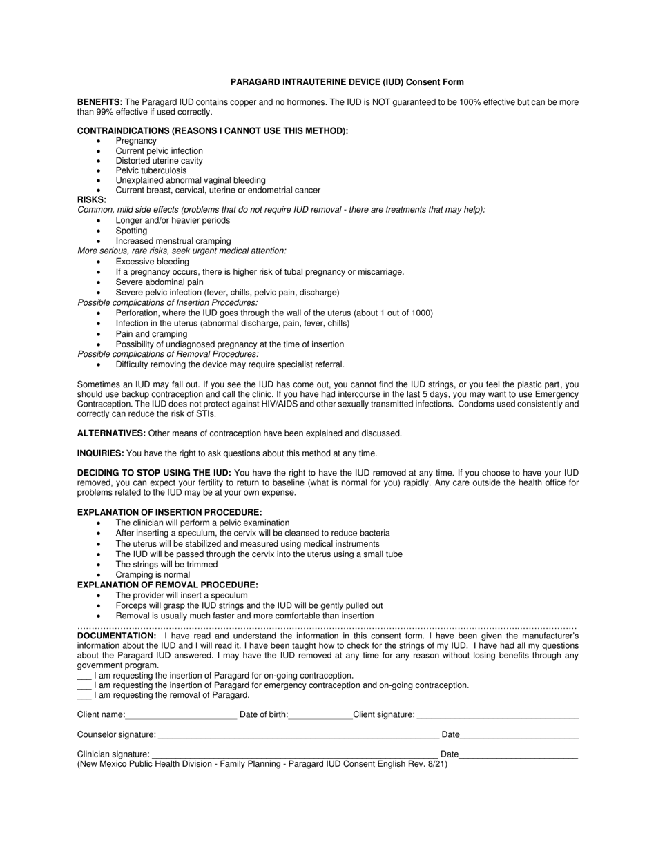 New Mexico Paragard Intrauterine Device (Iud) Consent Form (English ...