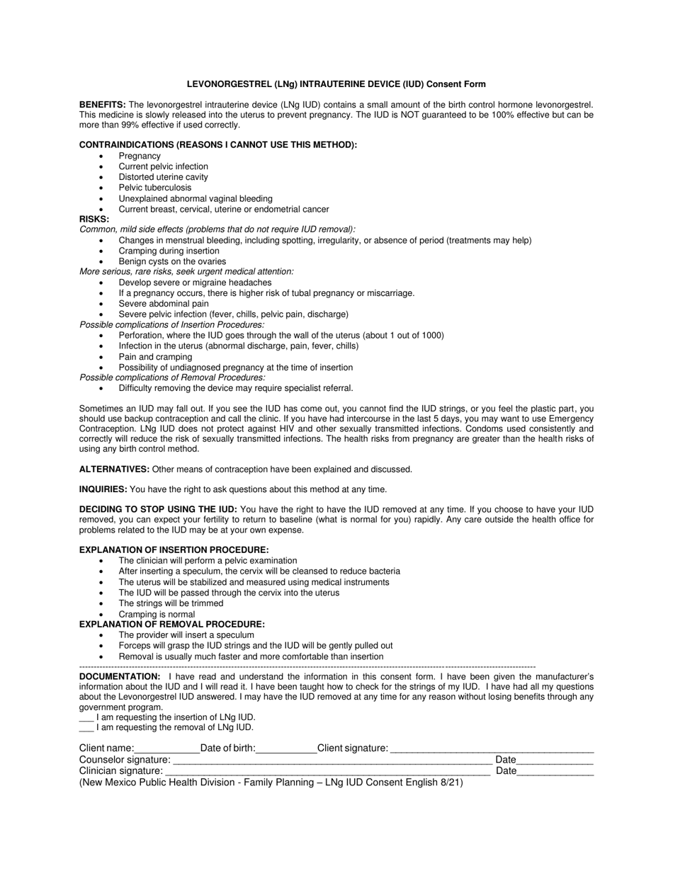 Levonorgestrel (Lng) Intrauterine Device (Iud) Consent Form - New Mexico (English / Spanish), Page 1