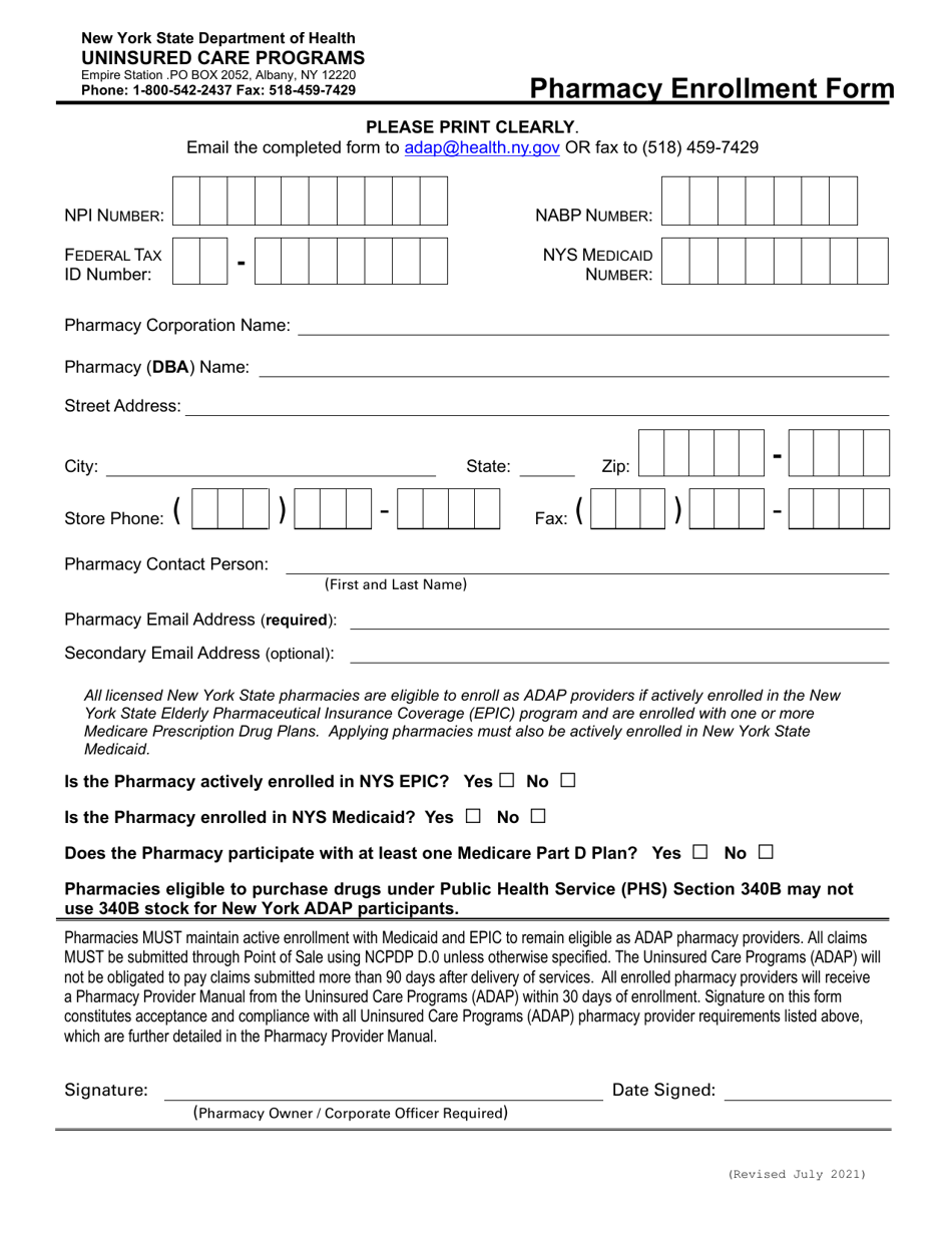 New York Pharmacy Enrollment Form Download Printable PDF Templateroller