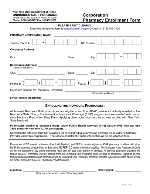 Corporation Pharmacy Enrollment Form - New York Download Pdf