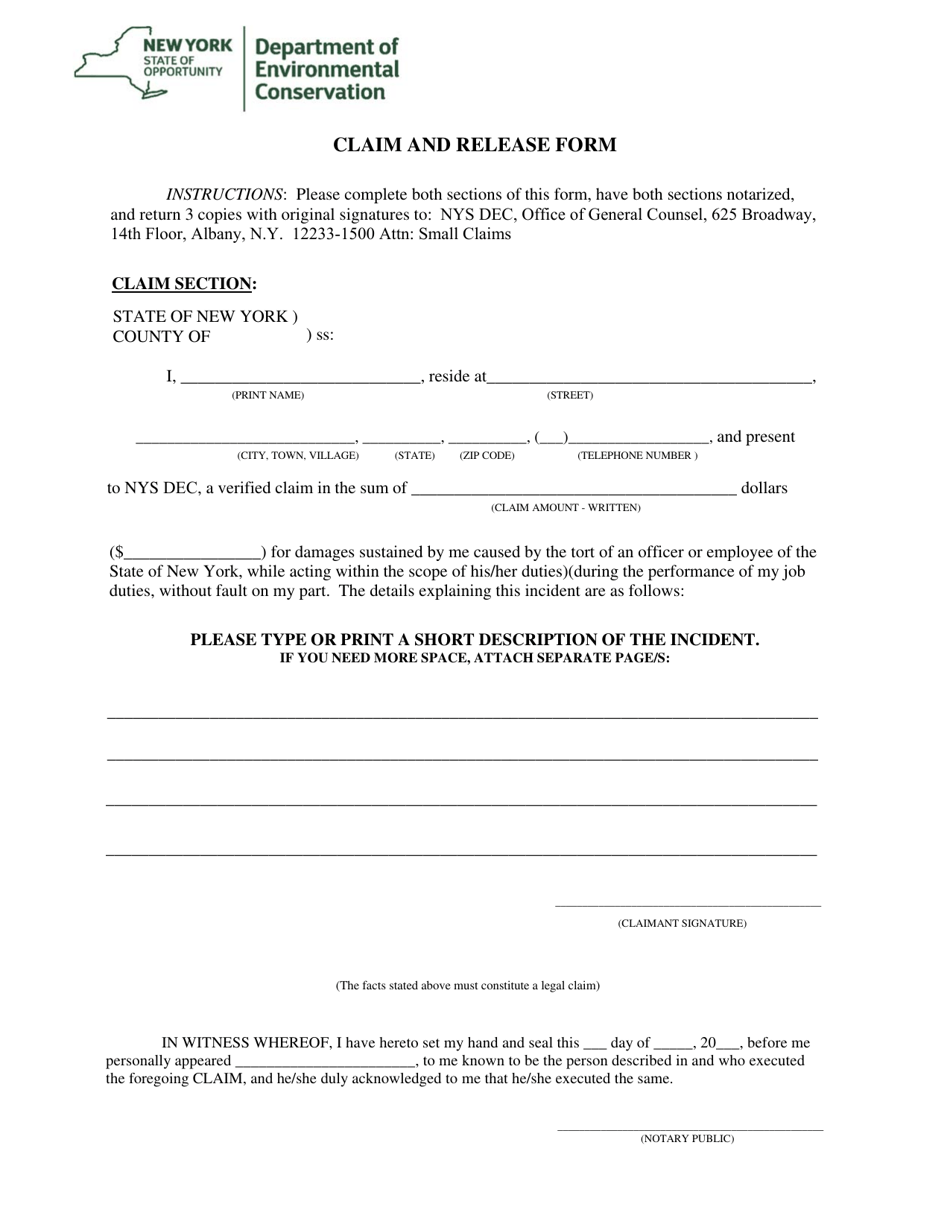 Claim and Release Form - New York, Page 1