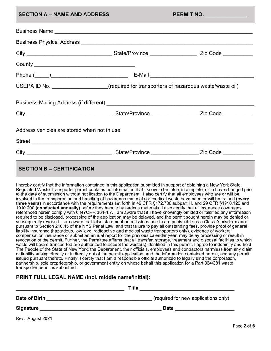 New York 6 Nycrr Parts 364/381 Waste Transporter Permit Application ...