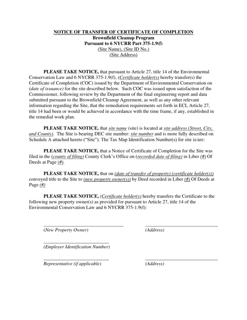 Notice of Transfer of Certificate of Completion - New York Download Pdf