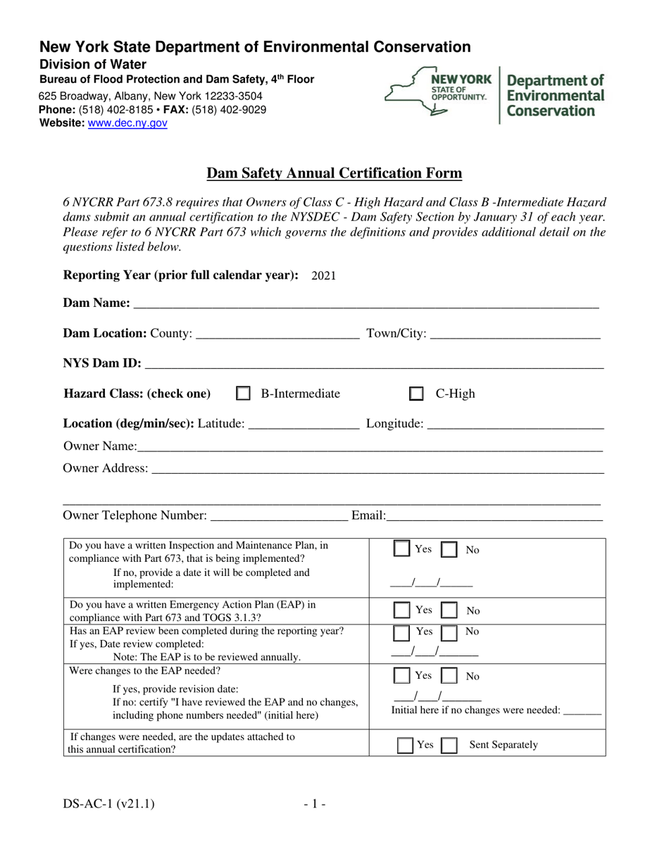 Form DS-AC-1 Dam Safety Annual Certification Form - New York, Page 1