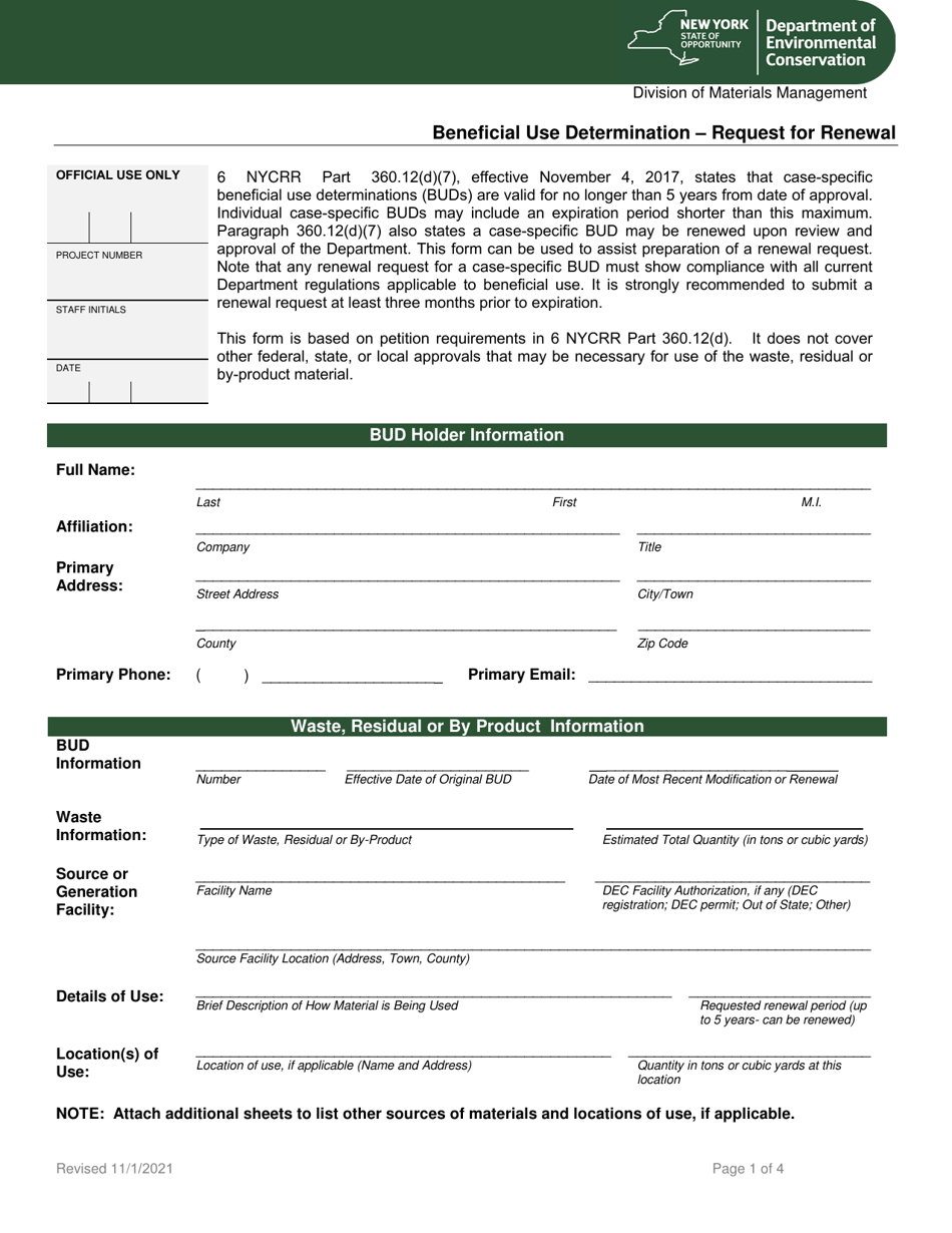 Beneficial Use Determination  Request for Renewal - New York, Page 1