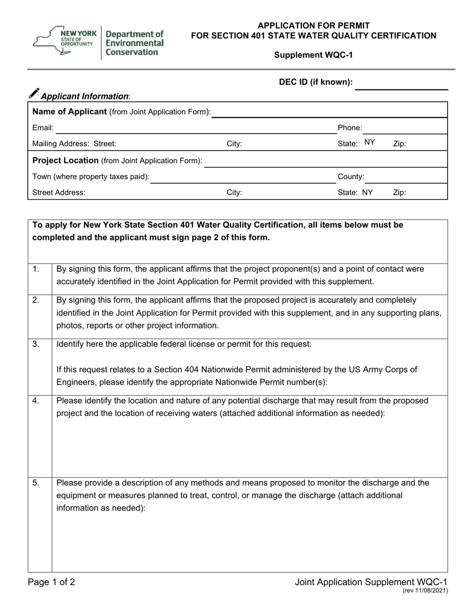 Supplement WQC-1 Application for Permit for Section 401 State Water Quality Certification - New York, Page 1
