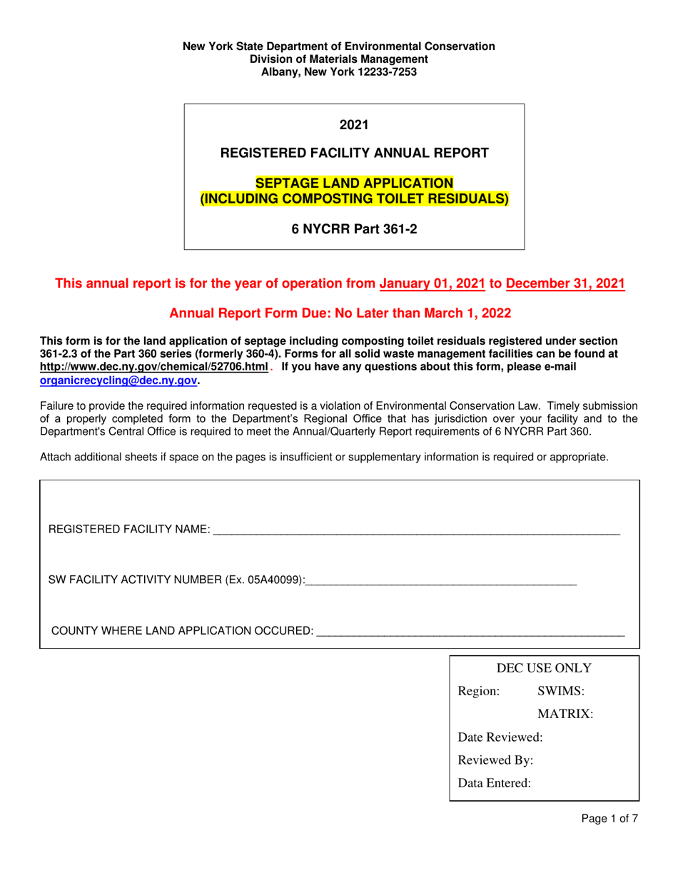 Registered Facility Annual Report - Septage Land Application (Including Composting Toilet Residuals) - New York, Page 1