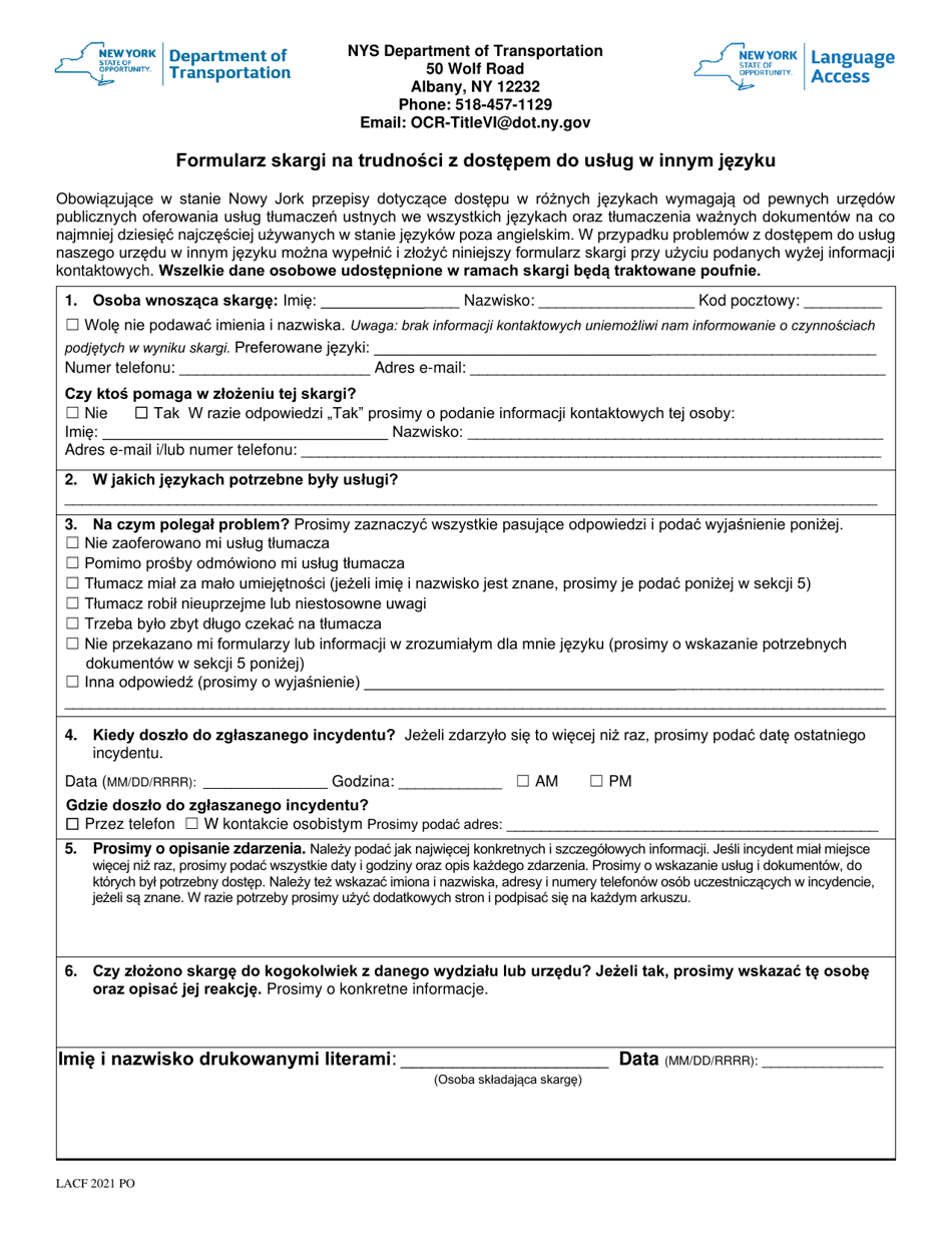 New York Language Access Complaint Form (Polish) - Fill Out, Sign ...