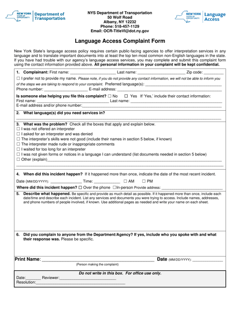Language Access Complaint Form - New York Download Pdf